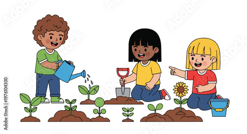 Three diverse children are happily gardening together, watering and planting various young seedlings and a bright sunflower in a outdoor garden.