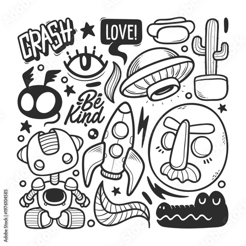 Hand Drawn Space and Robot Doodle Elements Collection for Stickers
Vector Fun Sketch Bundle with Robot Rocket UFO and Character Icons
Cute Hand Drawn Space Doodle Set with Robot and Alien Symbols