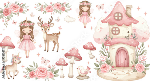 Whimsical fantasy scene with deer mushrooms flowers and a pink fairy tale house in a magical forest setting