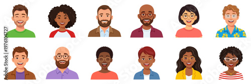 Diverse diverse group of multiethnic people portraits set | smiling men and women avatar collection | modern flat vector cartoon illustration style