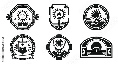 Inca Sun Mask Landscape Black And White Vector