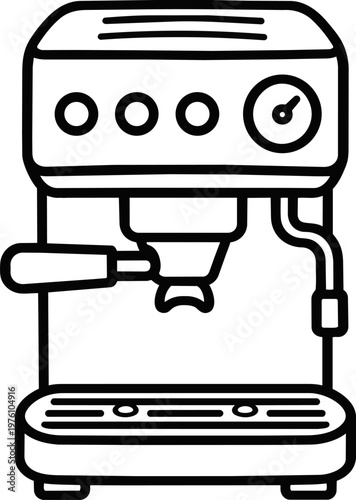 icon of espresso coffee machine, isolated on white background. Minimal line illustration of coffee maker with portafilter and steam wand for brewing espresso and cappuccino. 