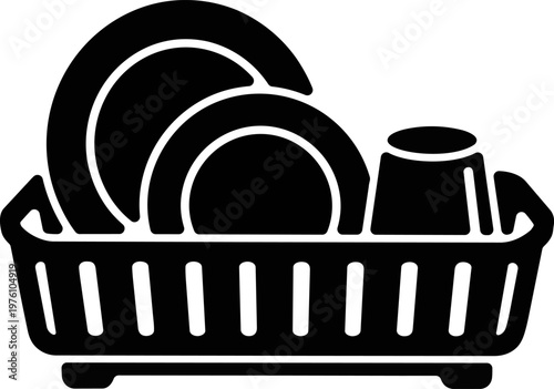 icon of dish drying rack with plates and cup, isolated on white background. Minimal silhouette illustration of kitchen utensil for washing dishes, cleaning and home organization.