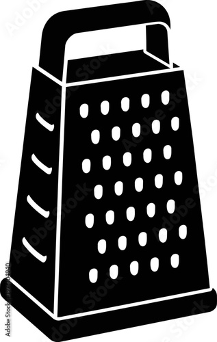 A solid black cheese grater icon in perspective view, representing kitchen tools and food preparation. Minimal vector design suitable for cooking, culinary, and kitchen-related projects.
