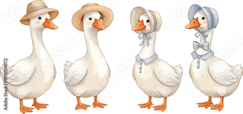 Four white geese wearing different hats on their heads standing in a row looking around curiously
