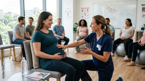 Caring healthcare professional provides guidance to a smiling pregnant woman during a prenatal education class for expectant parents.