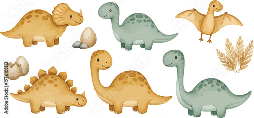 Collection of various colorful cartoon dinosaurs and eggs on white background