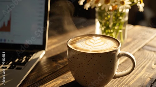 Hot coffee  laptop on wood.