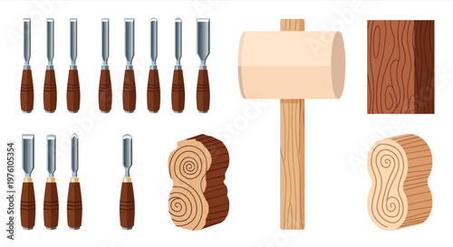 Woodworking tools including chisels mallet and carved wooden elements