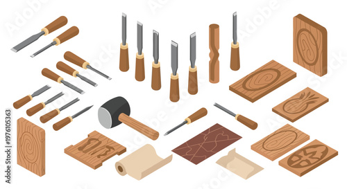 Isometric view of woodworking tools carved wood and design elements