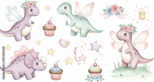 Whimsical illustration of dinosaurs wearing party crowns with cupcakes and stars
