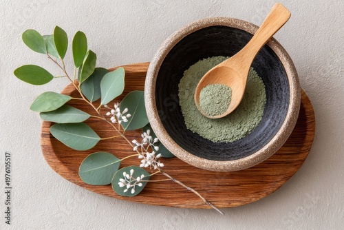 Top view green herbal powder in ceramic bowl with wooden spoon on wooden tray and botanical leaves, natural skincare clay mask wellness concept