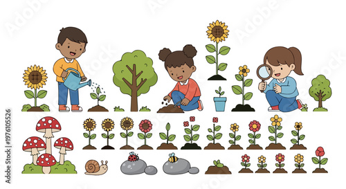 Three children are happily gardening, watering plants, planting seeds, and observing nature with a magnifying glass in a vibrant garden.