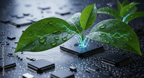 A small green plant grows out of a computer chip on a circuit board