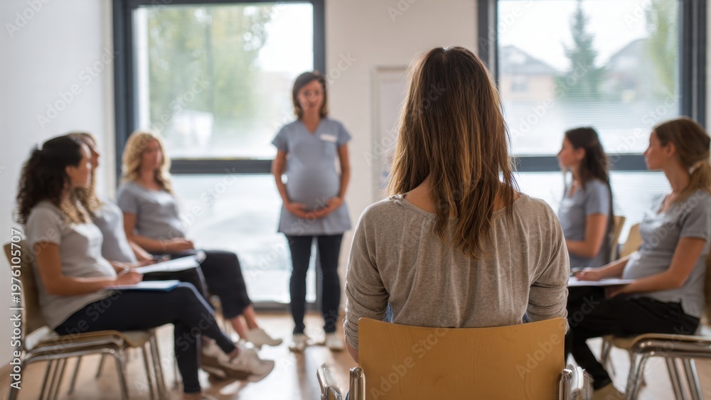 Obraz premium Expectant mothers gather for a prenatal class, receiving guidance and support from an instructor, preparing for childbirth and motherhood in a community setting.