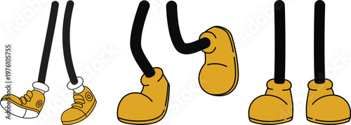 Cartoon hands, arms, and legs icon set in various gestures including thumbs up, peace sign, handshake and walking poses in yellow and black style isolated on white background.