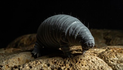 Magnificent tardigrade water bear with segmented body and tiny claws exploring a textured rocky surface in detail.