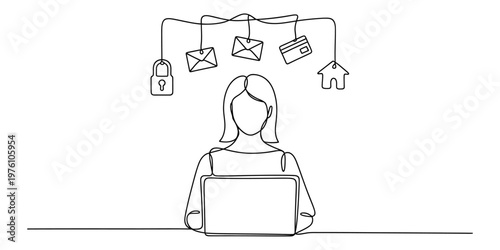 Continuous Line Art of Woman Working on Laptop with Digital Icons