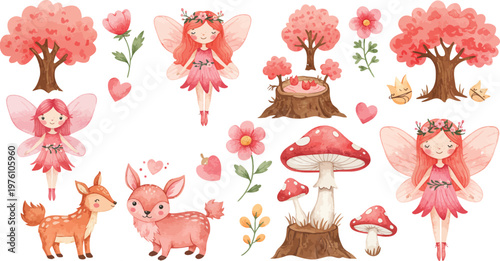 Whimsical illustration of fairies trees deer and mushrooms in a fantasy forest scene with pink and red hues