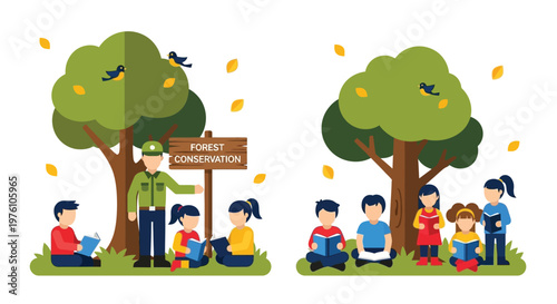 Children learn about forest conservation with a park ranger outdoors