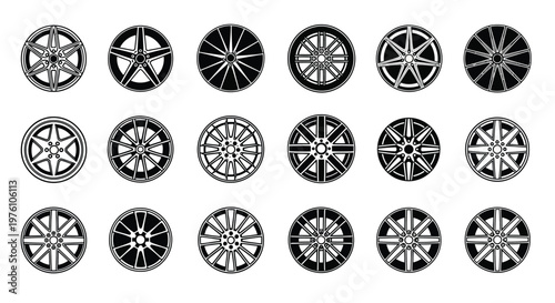 Collection of various black and white car wheel rim designs displayed