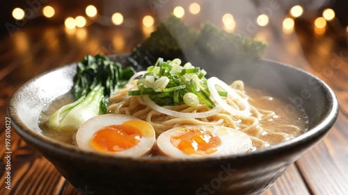 Hot steaming ramen bowl.