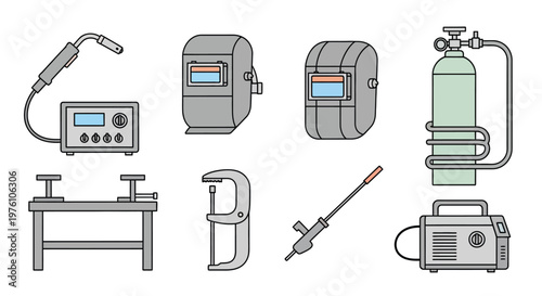 Welding equipment set helmets machines tools and workbench components