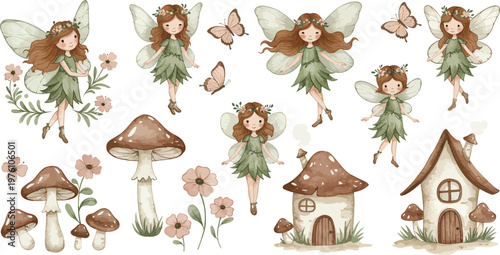 Whimsical illustration of fairies butterflies flowers mushrooms and tiny house in a magical forest setting with brown hair