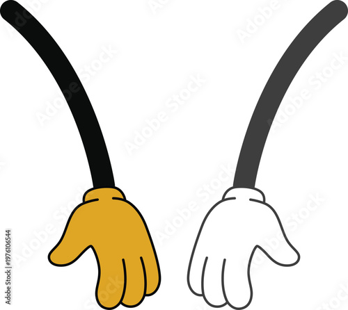 Cartoon hands, arms, and legs icon set in various gestures including thumbs up, peace sign, handshake and walking poses in yellow and black style isolated on white background.