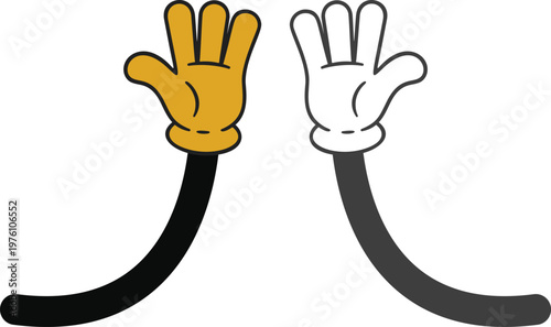 Cartoon hands, arms, and legs icon set in various gestures including thumbs up, peace sign, handshake and walking poses in yellow and black style isolated on white background.