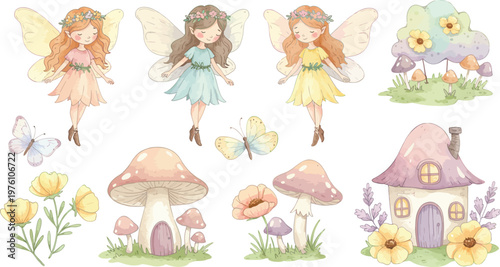 Whimsical fairy tale illustrations of girls flowers mushrooms and fantasy house in pastel colors on white background