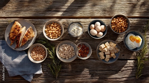 Assorted protein-rich foods including chicken, eggs, tofu, beans, and nuts on a rustic wooden table. A healthy, high-protein spread perfect for balanced nutrition.