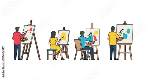 Four artists painting at easels in a simple colorful illustration