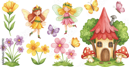Whimsical illustration of fairies flowers and a tiny house with red roof and mushroom