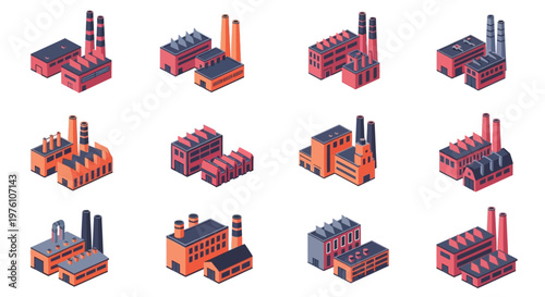 Isometric industrial buildings with smokestacks in various arrangements