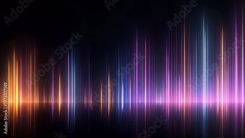 Abstract motion graphic animation, bright neon glow moving light trails with vibrant colorful gradient reflection, dynamic lines moving up and down to form an equalizer, great for background.