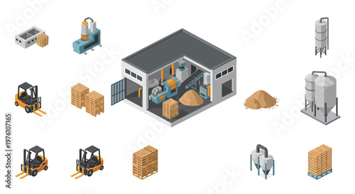 Isometric illustration of a factory with machinery and logistical elements