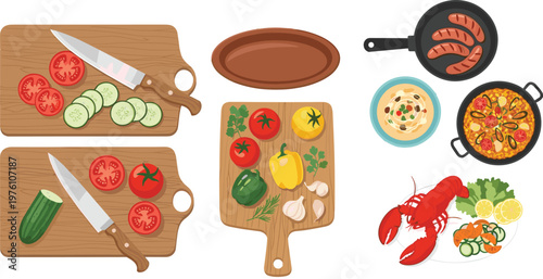 Cooking Preparation and Seafood Meal Set Featuring Cutting Boards Vegetables Sausages Paella Lobster and Kitchen Tools in Detailed Culinary Vector Illustration Collection