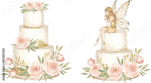 Two decorative wedding cakes with pink roses and gold accents on white background for celebrations and special occasions