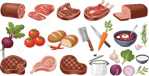 Meat and Cooking Ingredient Set Featuring Raw Steaks Sausages Vegetables Kitchen Tools and Prepared Food Elements in Detailed Culinary Vector Illustration Collection
