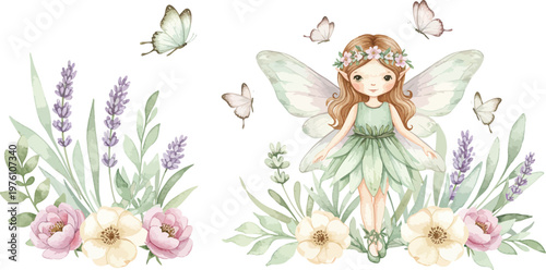 Whimsical fairy standing amidst flowers and fluttering butterflies in a serene garden scene