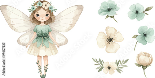 Whimsical fairy in a flowy green dress surrounded by matching flowers and blooms in pastel colors