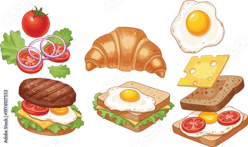Breakfast Food Collection Featuring Croissant Fried Egg Sandwich Toast Cheese and Fresh Vegetables in Detailed Delicious Morning Meal Vector Illustration Set
