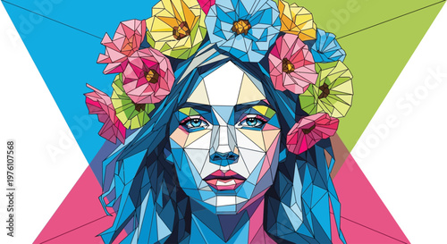 Woman with colorful floral hair crown.