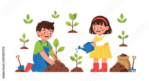 Two cheerful children are actively gardening, with one boy planting a sapling and a girl watering plants, featuring various garden tools.
