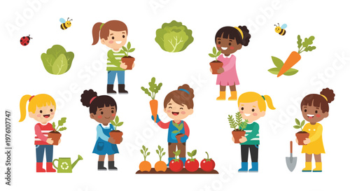 A group of diverse young girls are happily gardening, planting seedlings in pots and harvesting fresh vegetables like carrots and tomatoes.