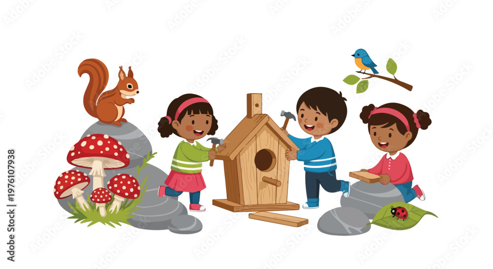 Naklejka premium Three happy children work together to build a wooden birdhouse while a squirrel and a bluebird watch them in a playful outdoor setting.