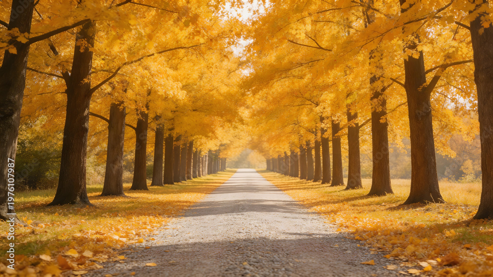 Fototapeta premium Autumnal treelined road with golden leaves