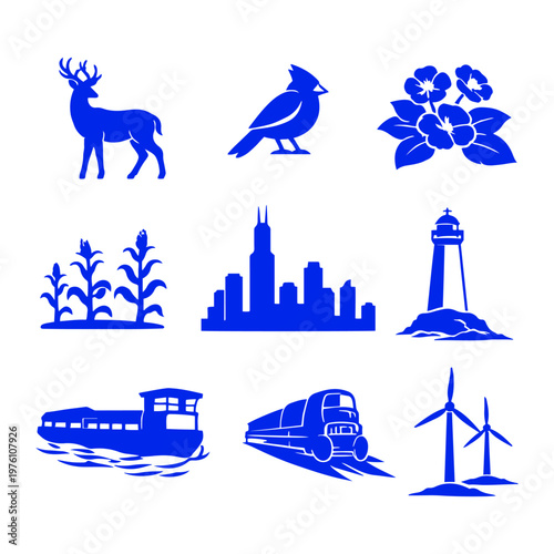 vector isolated blue color Illinois traditional cultural symbols