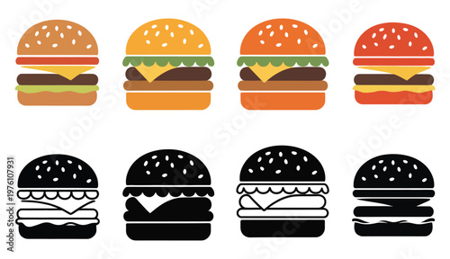 Burger icon vector set, fast food unhealthy diet icon collection showing poor dietary choices and health risks, junk food symbols for nutrition education, healthcare awareness and lifestyle design.